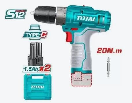 Аккумуляторная дрель-шуруповерт TOTAL Li-ion TYPE-C12в 2 аккумулятора 1,5Ач, бита в комплекте БЕЗ ЗУ TDLI12202