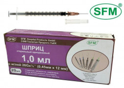 Шприц SFM Шприц - 1мл. (3-х) SFM, Германия однораз. стер. с надетой иглой 0,45 x 12 - 26G, упаковка №20 (БЕЗ ЛАТЕКСА) ( блистер)