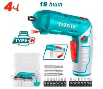 Аккумуляторная отвертка TOTAL TSDLI0442 кейс 19 предм 4V 1/4&quot; 4N.m 180/min с подсветкой (10 шт/кор) TSDLI0442