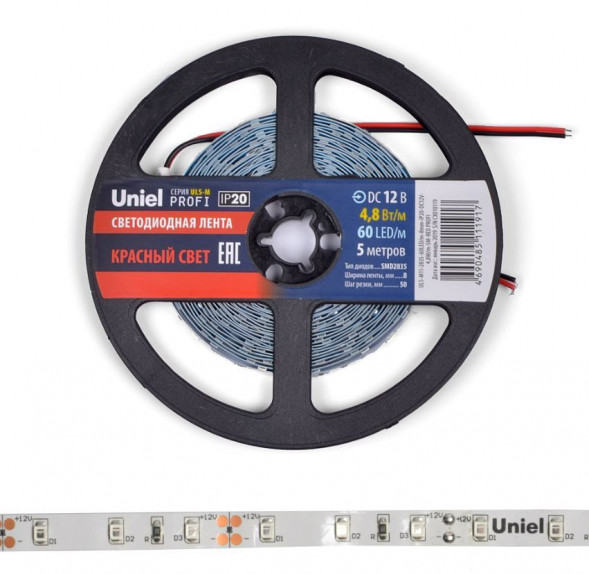 СВЕТОДИОДНЫЕ ЛАМПЫ, ЛЕНТЫ UNIEL (UL-00004361) ULS-M11-2835-60LED/M-8MM-IP20-DC12V-4,8W/M-5M-RED PROFI КАТУШКА В ГЕРМЕТИЧНОЙ УПАКОВКЕ
