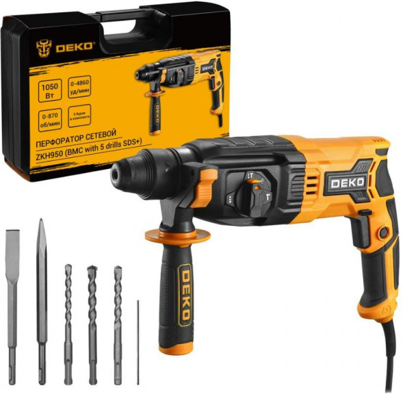 Перфоратор сетевой DEKO ZKH950 в кейсе с набором из 5 буров SDS+, 1050 Вт 083-1005