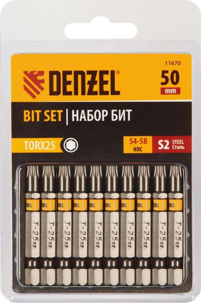 Набор бит DENZEL Набор бит TORX 25х50, сталь S2, шестигранный профиль, 10 шт. 11670