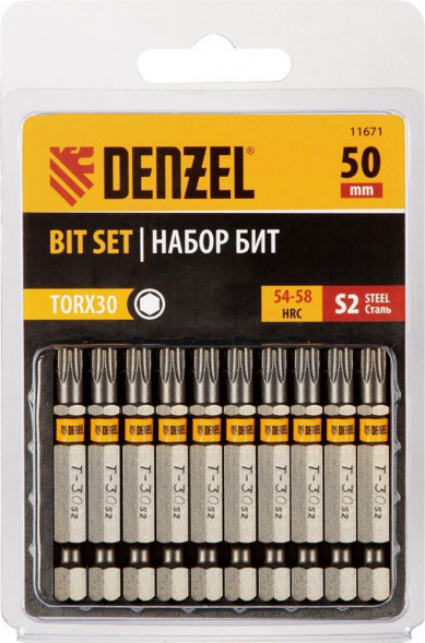 Набор бит DENZEL Набор бит TORX 30х50, сталь S2, шестигранный профиль, 10 шт. 11671