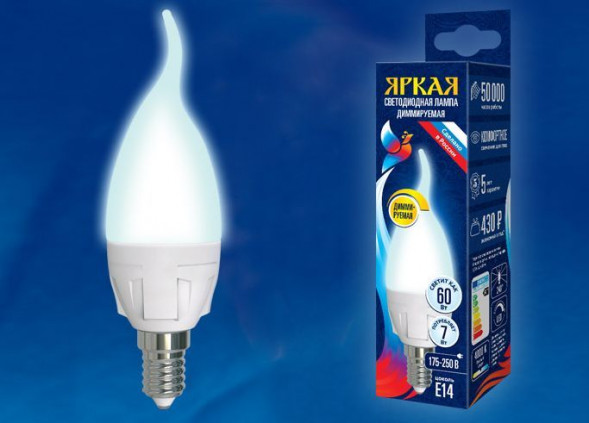 Лампочки светодиодные UNIEL (UL-00004298) LED-CW37 7W/4000K/E14/FR/DIM PLP01WH