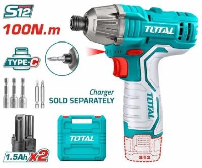 Аккумуляторный ударный винтоверт TOTAL Li-ion 12V, 1.5Ah (кейс, 2 аккумулятора, набор бит (5 шт/кор) TIRLI12015