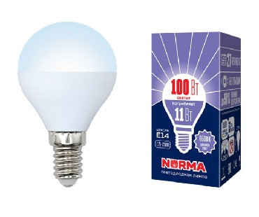 Лампа светодиодная VOLPE (UL-00003830) LED-G45-11W/DW/E14/FR/NR Форма шар матовая Серия Norma 6500K