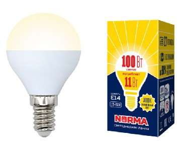 Лампа светодиодная VOLPE (UL-00003832) LED-G45-11W/WW/E14/FR/NR Форма шар матовая Серия Norma 3000K