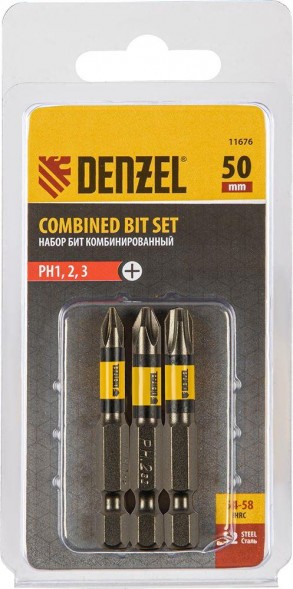 Набор бит DENZEL Набор бит комбинированный 3 шт., РН1, РН2, РН3, 50 мм, сталь S2 11676