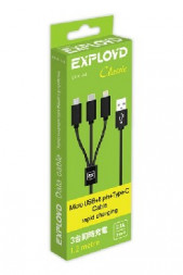 Дата-кабель EXPLOYD EX-K-646 Дата-кабель 3в1 USB - microUSB/8 Pin/TYPE-C 1.2М 2.1A Classic круглый чёрный