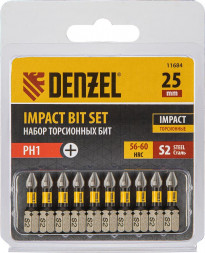 Набор бит DENZEL Набор бит торсионных PH1x25 мм, лазерная обработка шлица, сталь S2, 10 шт. 11684