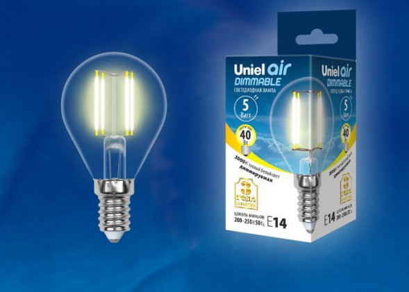 Лампочки светодиодные UNIEL (UL-00002866) LED-G45-5W/WW/E14/CL/DIM GLA01TR
