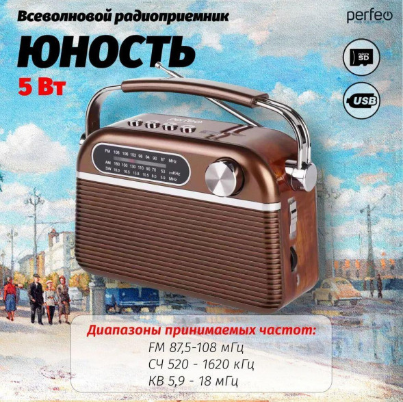 Радиоприемник PERFEO (PF_D0560) Юность I30BL коричневый