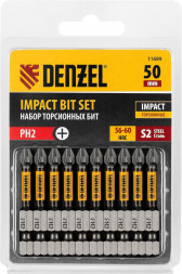 Набор бит DENZEL Набор бит торсионных PH2x50 мм, лазерная обработка шлица, сталь S2, 10 шт. 11689