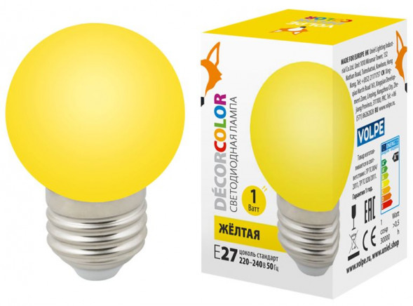 ЭЛЕКТРИКА VOLPE (UL-00005649) LED-G45-1W/YELLOW/E27/FR/С