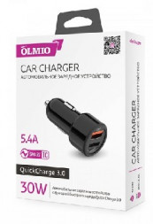 АЗУ OLMIO Автомобильное ЗУ 30W, 2xUSB, 5.4A, QC3.0+SMART IC (38718)