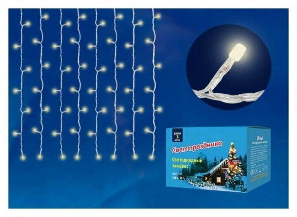 Гирлянда UNIEL UL-00006422 ULD-C1510-160/DTA WARM WHITE IP20 Занавес светодиодный с контроллером, 1,5х1м. 160 светодиодов. Теплый белый свет. Провод прозрачный