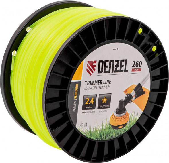 Леска DENZEL Леска для триммера звезда, 2,4мм х 260м, на DIN катушке FLEX CORD 96286