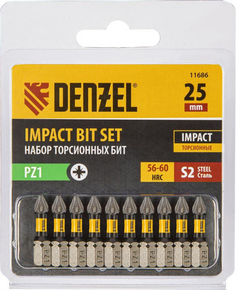 Набор бит DENZEL Набор бит торсионных PZ1x25 мм, лазерная обработка шлица, сталь S2, 10 шт. 11686