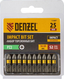 Набор бит DENZEL Набор бит торсионных PZ2x25 мм, лазерная обработка шлица, сталь S2, 10 шт. 11687