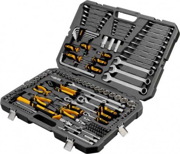 Набор инструментов DENZEL Набор инструментов, 1/2&quot;, 1/4&quot;, 3/8&quot;, CrV, S2, пластиковый кейс, 144 предмета 15805