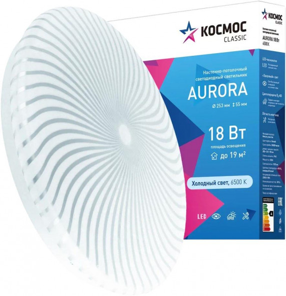 Светодиодный настенно-потолочный светильник КОСМОС KCAuro18W_6500 Classic AURORA 18Вт/230В/6500K/1170Лм 253х55 мм