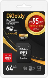 DIGOLDY 64GB microSDXC Class 10 UHS-1 Extreme Pro (U3) + адаптер SD (95 MB/s) [DG064GCSDXC10UHS-1-ElU3]