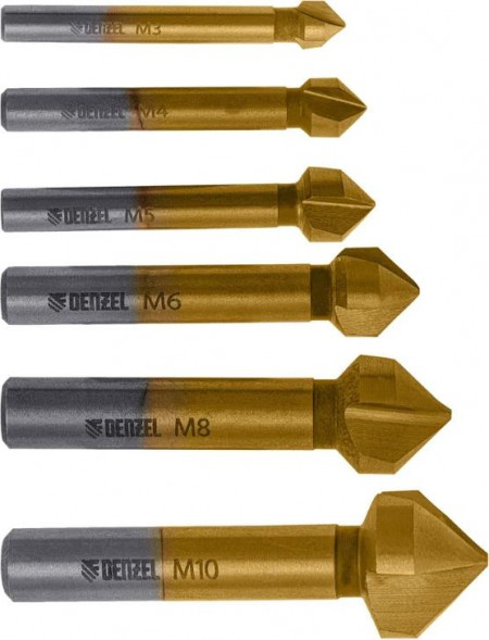 Набор зенковок DENZEL Набор зенковок, HSS, M3-M10, 6 шт, металл. кейс 72313