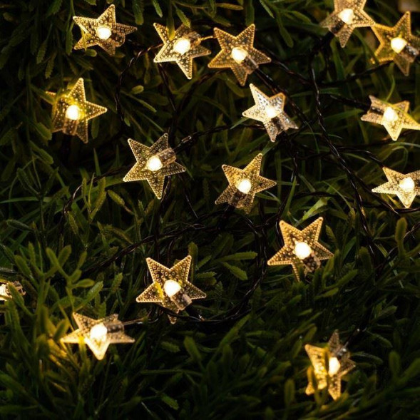 Гирлянда на солнечной батарее LUAZON LIGHTING Гирлянда Нить 4.5 м с насадками Звёзды, IP44, тёмная нить, 30 LED, свечение тёплое белое2 режима, солнечная батарея 6253335