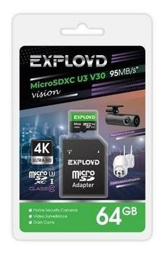 Карта памяти EXPLOYD MicroSDXC 64GB Class 10 (U3) V30 Vision + адаптер (SD 95 MB/s)