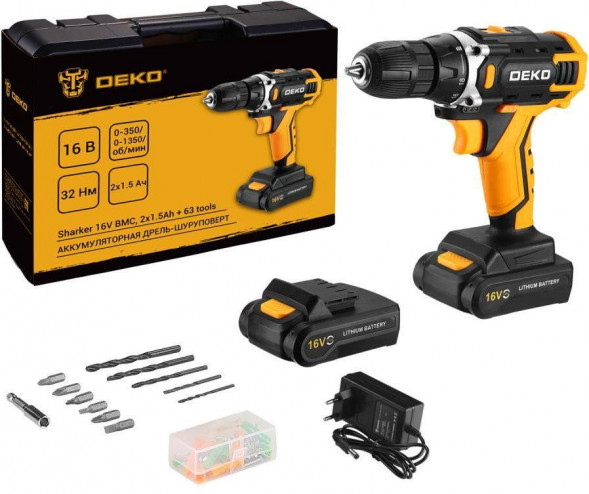 Аккумуляторная дрель-шуруповерт DEKO Sharker 16V в кейсе + набор 63 инструмента для дома, 16В, 2х1.5Ач 083-1041