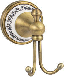 Крючок для ванной комнаты BRIMIX 94114 Крючок двойной на основании, цвет БРОНЗА, с керамической вставкой с орнаментом