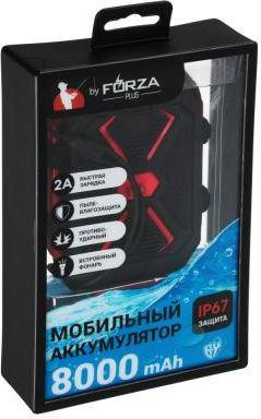 Аккумулятор мобильный FORZA Аккумулятор мобильный 8000мАч, прорезин.,с пылевлагозащ. IP67, 2А, 1USB, фонарь,пластик (031-891)
