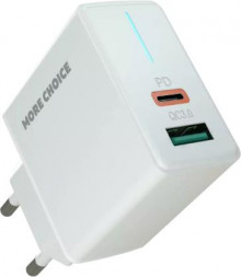 СЗУ MORE CHOICE (4610196408649) NC61 СЗУ 1USB+1USB-C 3.0A PD 20W+QC3.0 быстрая зарядка White