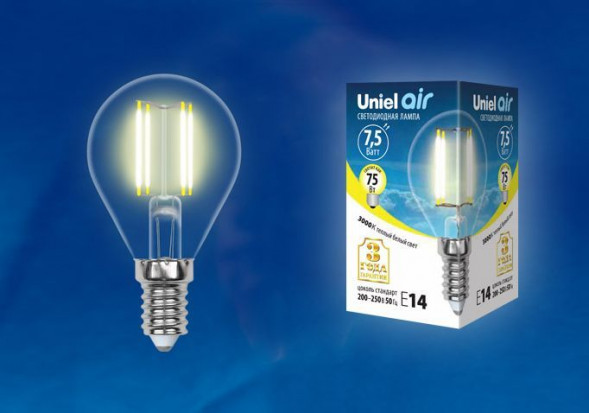 Лампочки светодиодные UNIEL (UL-00003250) LED-G45-7,5W/WW/E14/CL GLA01TR
