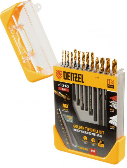 Набор сверл DENZEL Набор сверл по металлу, 1,5-6,5 мм, HSS-Tin, Golden Tip, 13 шт 72318