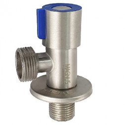 Кран угловой MAGNUS 9271 Кран металлокерамика угловой 1/2 х3/4 , синяя ручка, с отражателем, из нержавеющей стали