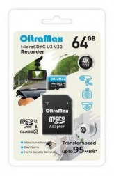 Карта памяти OLTRAMAX MicroSDXC 64GB Class 10 (U3) V30 Recorder + адаптер (SD 95 MB/s)