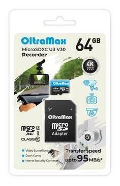 Карта памяти OLTRAMAX MicroSDXC 64GB Class 10 (U3) V30 Recorder + адаптер (SD 95 MB/s)