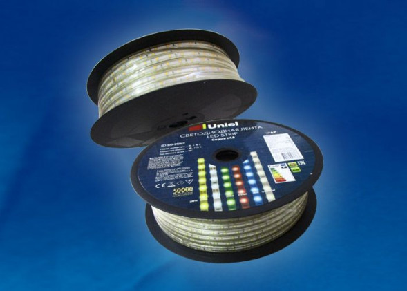 Светодиодная лента UNIEL (UL-00000860) ULS-2835-60LED/m-10mm-IP67-220V-8W/m-50M-GREEN бобина