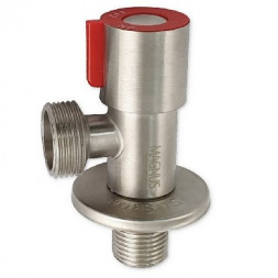 Кран угловой MAGNUS 9273 Кран металлокерамика угловой 1/2 х3/4 , красная ручка, с отражателем, из нержавеющей ста