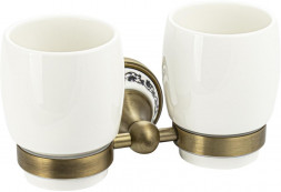 Стакан для зубных щеток BRIMIX 94160 Стакан+стакан керамический белый, с креплением к стене, цвет БРОНЗА, с керамической вставкой с орнаментом