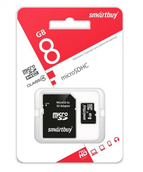 Карта памяти SMARTBUY (SB8GBSDCL4-01) MicroSDHC 8GB Сlass4 + адаптер