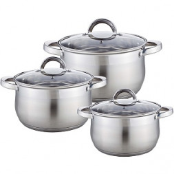 Набор посуды WEBBER BE-616/6 Набор посуды из нерж.стали 6 пр. 2,1л, 2,9л, 3,9л со стеклянными крышками