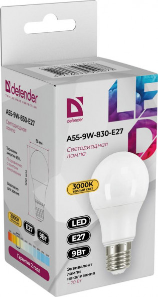 Лампочка DEFENDER (95007) A55-9W-830-E27 груша, теплый белый, 1 шт