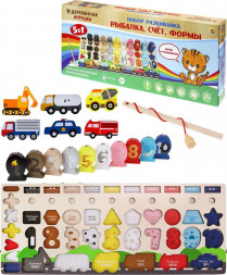 Игрушка РЫЖИЙ КОТ Деревянная игрушка.Счёт,рыбалка,сортер,вкладыши 52 детали (в коробке) (Арт. ИД-8664)