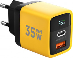 СЗУ CABLEXPERT (22110) ЗУ с дисплеем 35Вт GaN, QC4.0/PD3.0, 1хUSB, 1хType-C, желтый, коробка