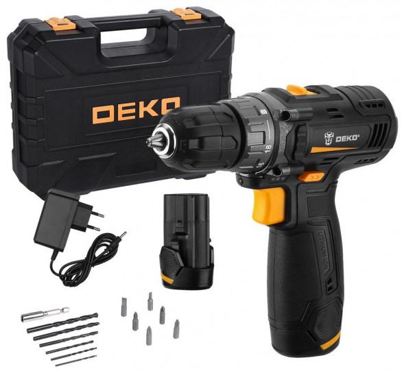 Дрель-шуруповерт DEKO GCD12DU3 SET 4 в кейсе + оснастка 13 шт, 2*2 А·ч 063-4140