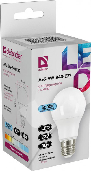 Лампочка DEFENDER (95009) A55-9W-840-E27 груша, нейтральный белый, 1 шт
