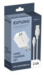 Сетевое ЗУ EXPLOYD EX-Z-1443 СЗУ Type-C 2.4A 2хUSB белый
