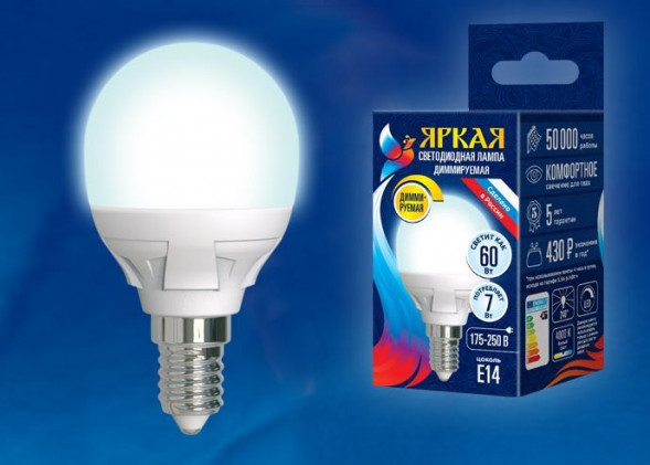 Лампочки светодиодные UNIEL (UL-00004300) LED-G45 7W/4000K/E14/FR/DIM PLP01WH